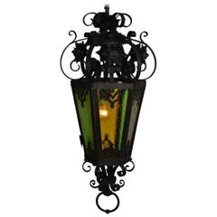 French Antique Wrought Iron Lantern with Colored Glass, Early 20th Century