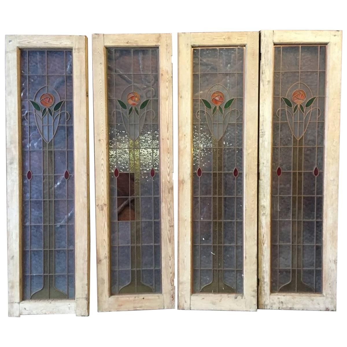 Four Arts & Crafts Stained Glass Doors with Stylized Glasgow Roses Set in Copper
