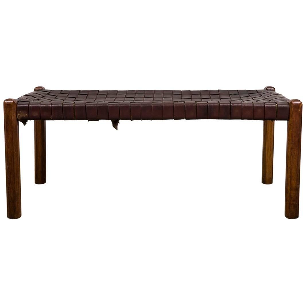 Naturel Brown Strap Woven Leather Bench, Style Jens Risom