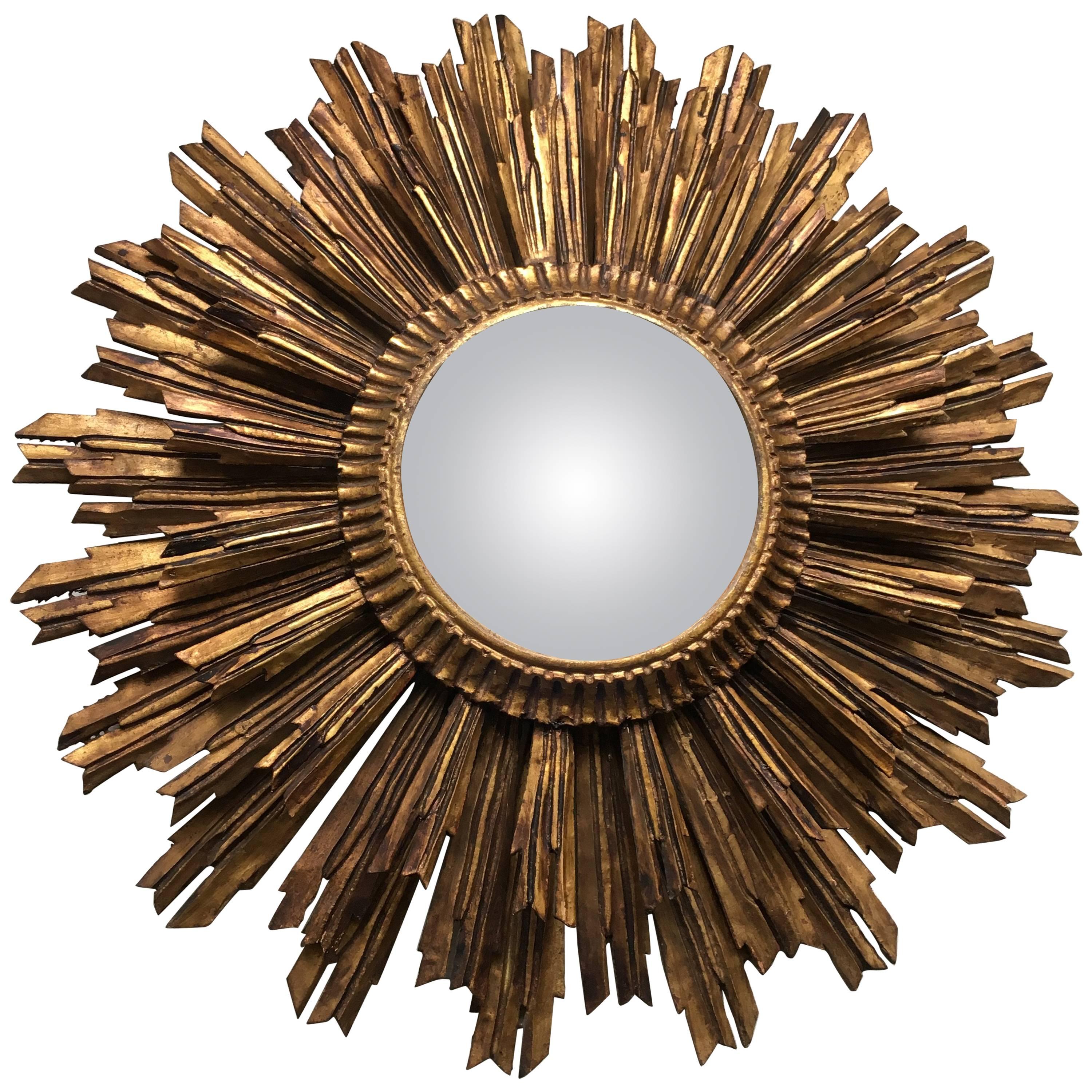 Vintage French Giltwood Sunburst Convex Mirror