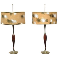 Pair of Walnut and Brass Laurel Lamps with Original Shades