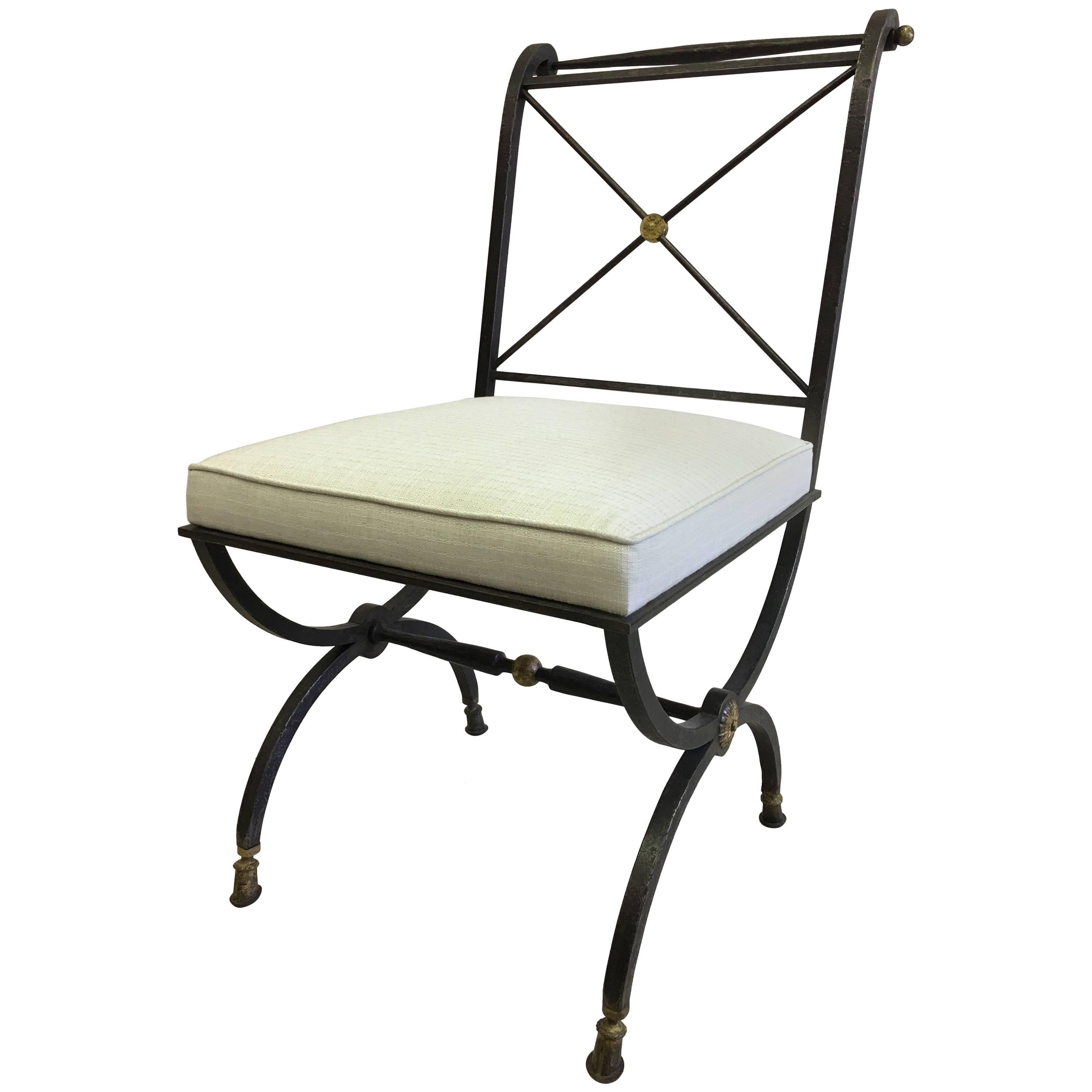 French Mid-Century Partial Gilt Wrought Iron Side /Desk Chair, Gilbert Poillerat For Sale