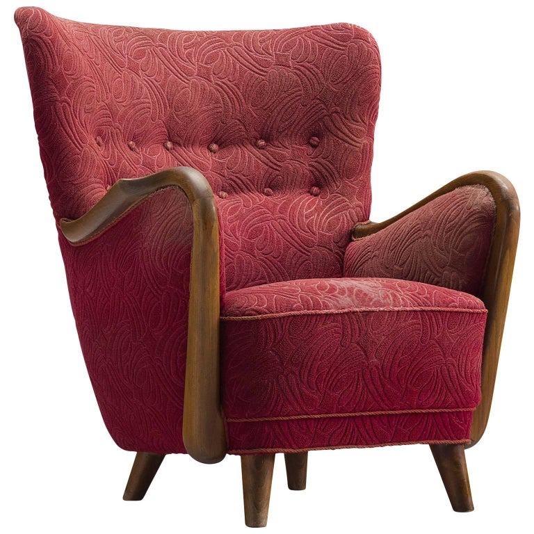 Danish Easy Chair in Red Original Upholstery For Sale at 1stDibs