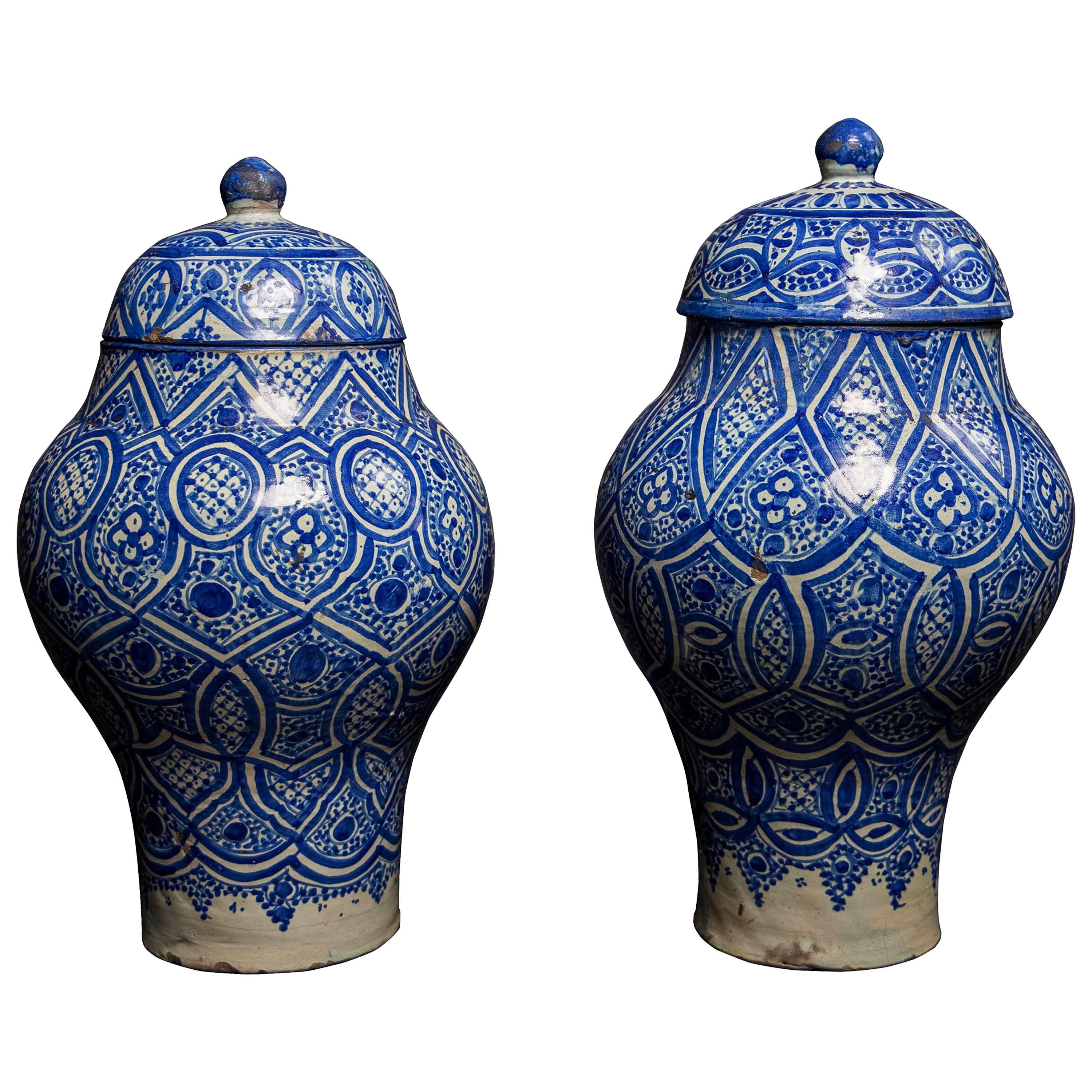 Pair of Geometric Design Moroccan Preserving Jars, Fez Pottery Late 19th Century