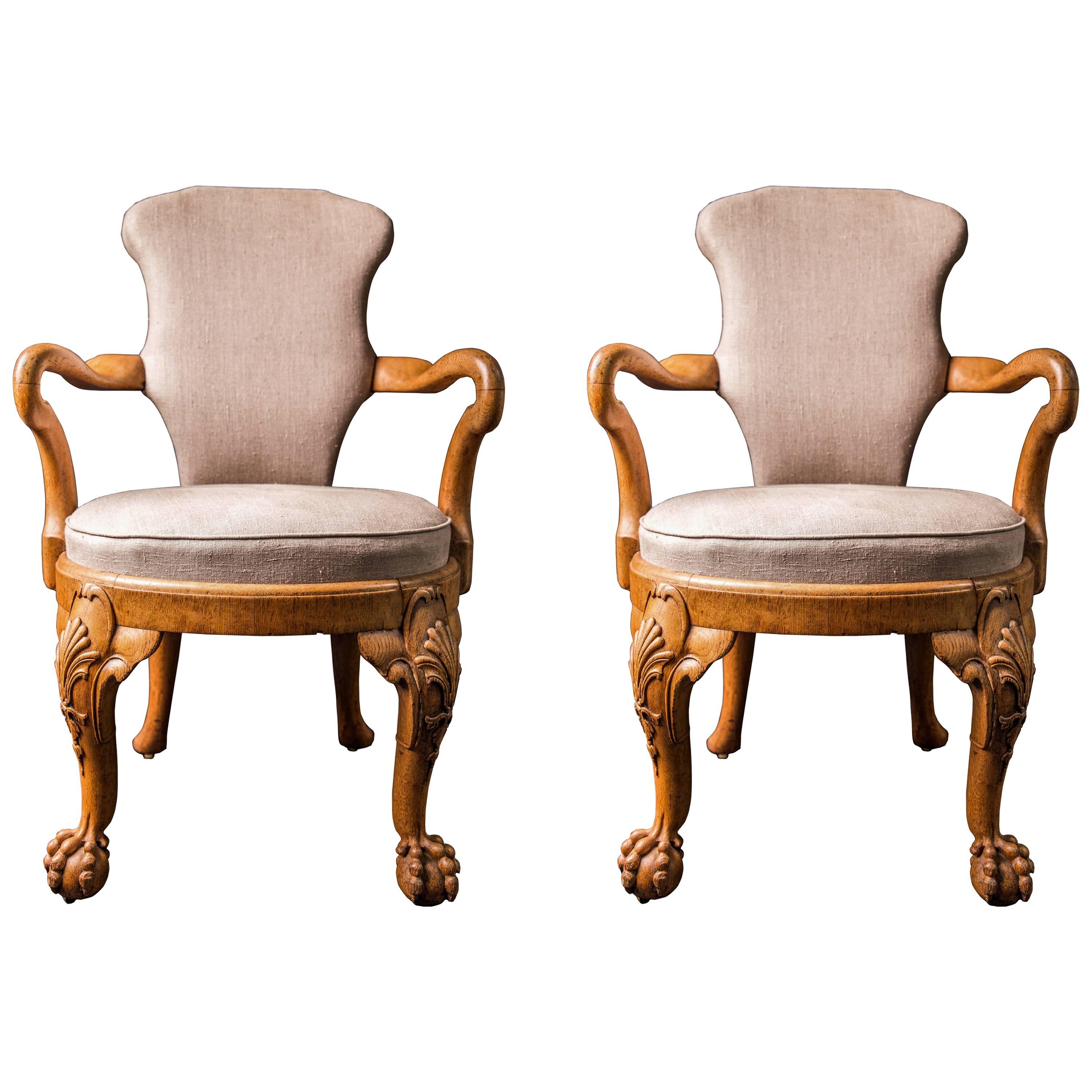 Pair of George IV Carved Oak Open Armchairs by Gillows