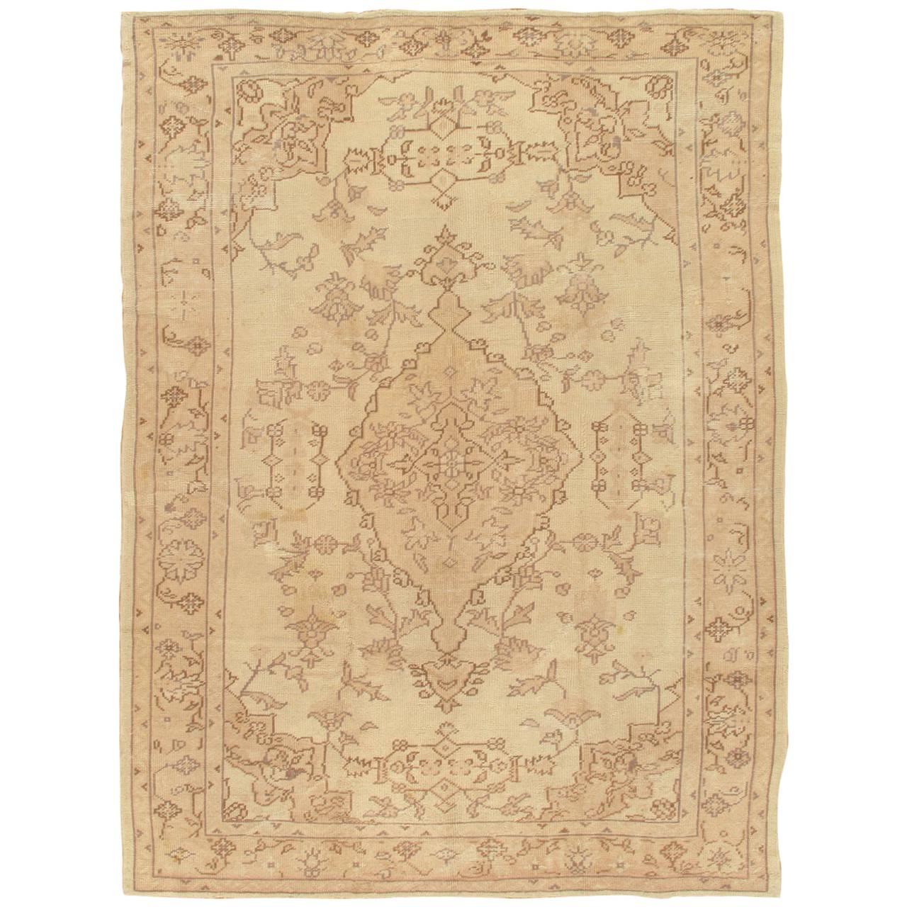 Antique Oushak Carpet, Handmade Turkish Oriental Rug, Beige, Taupe, Soft