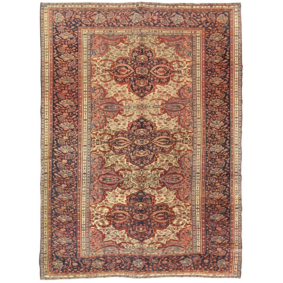 Antique Farahan Sarouk Carpet, Handmade Oriental Rug, Ivory, Navy, Pink, Fine