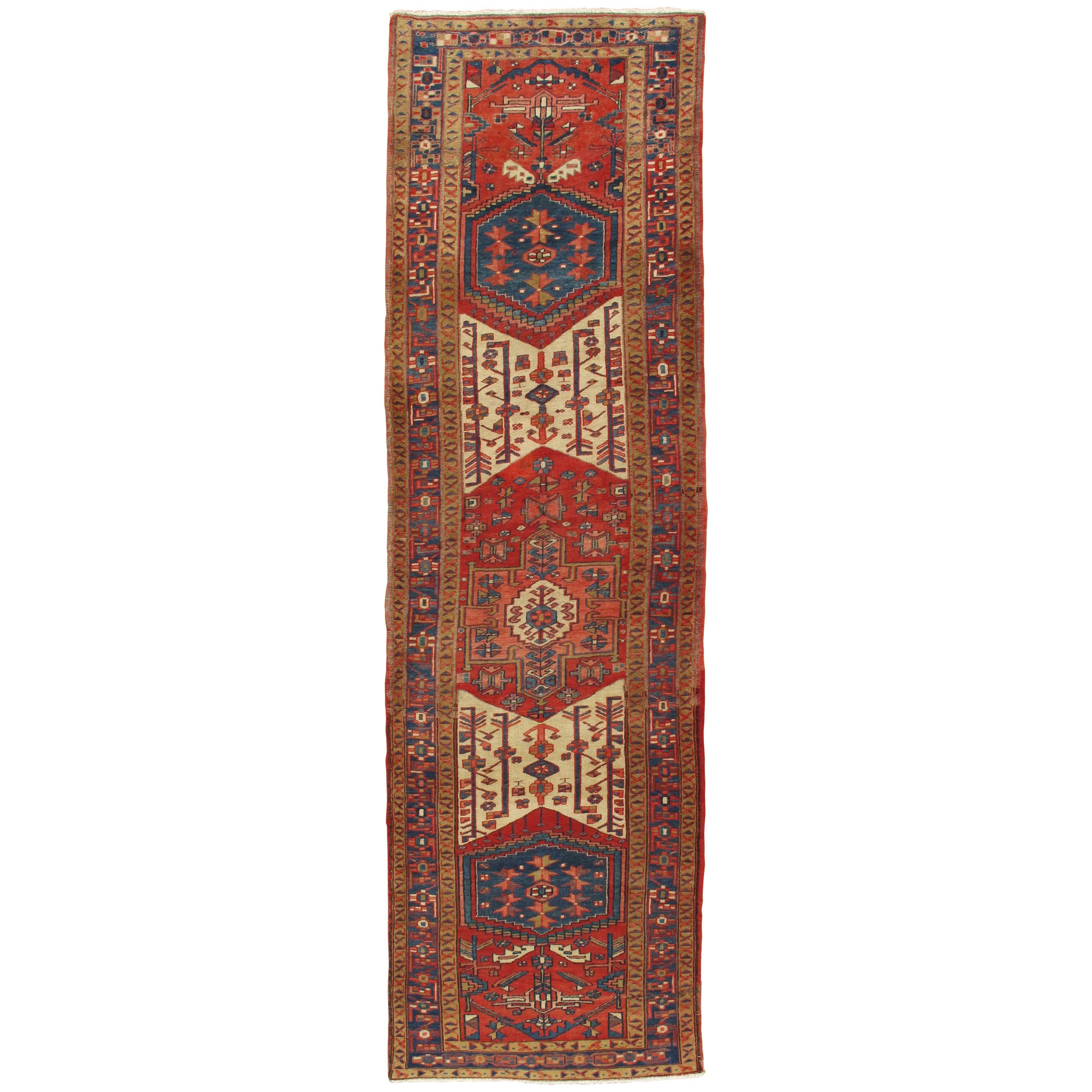 Tapis de couloir persan ancien Heriz Northwest, fait à la main, bleu marine, rouge, ivoire