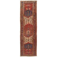 Antique Heriz Northwest Persian Runner, Handmade Rug Navy Blue, Red, Ivory