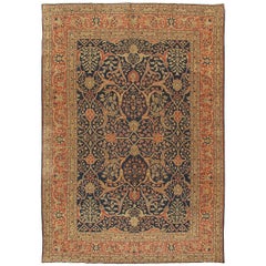 Antique Fine Persian Tabriz Carpet, Handmade Oriental Rug, Beige, Navy, Coral