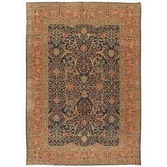 Antique Fine Persian Tabriz Carpet, Handmade Oriental Rug, Beige, Navy, Coral 7