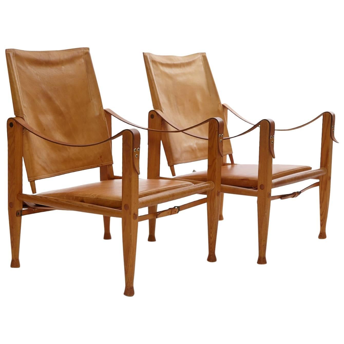 Pair of Kaare Klint Safari Chairs in Tan Leather, Made by Rud Rasmussen, Denmark