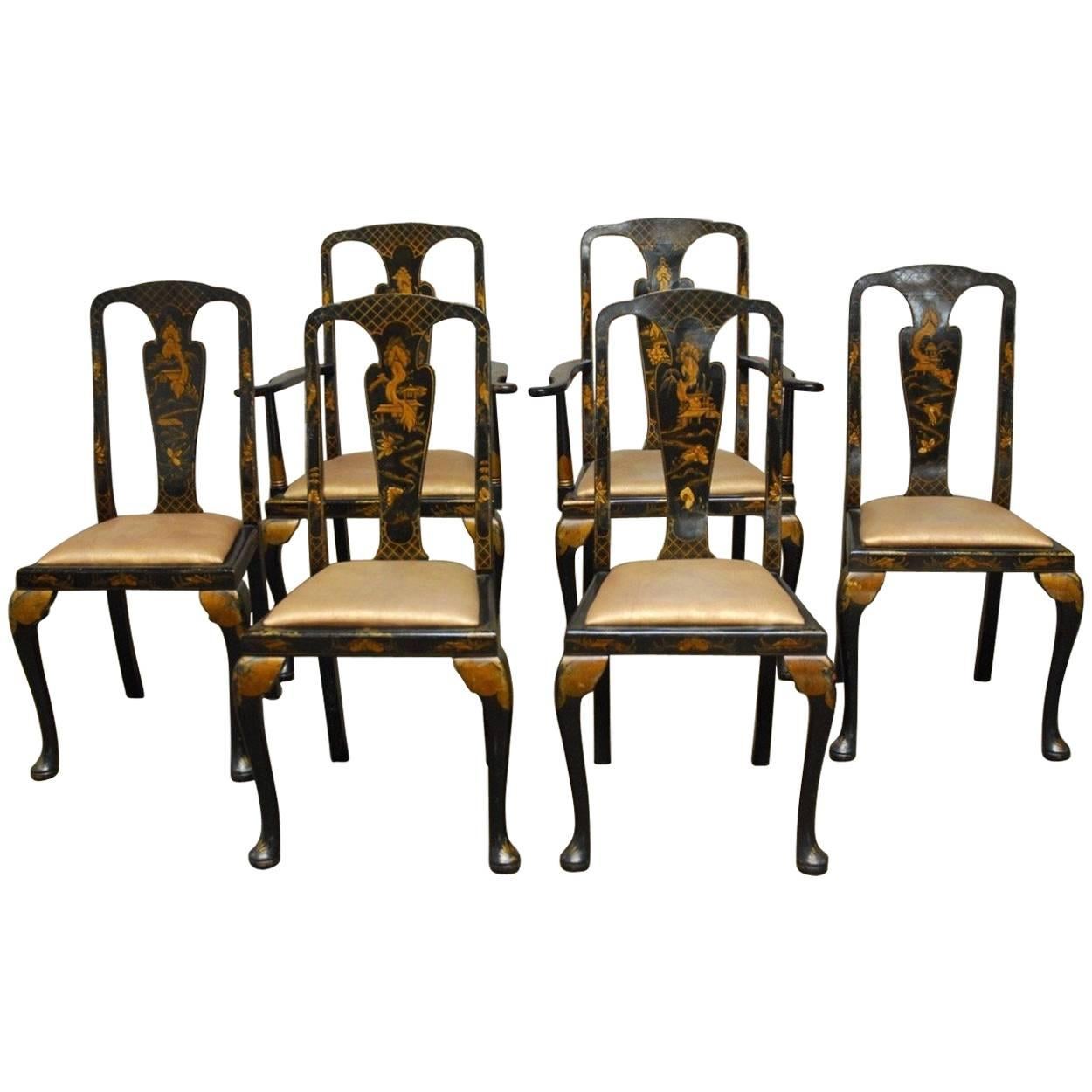 Set of Six Queen Anne Style Chinoiserie Lacquer Dining Chairs