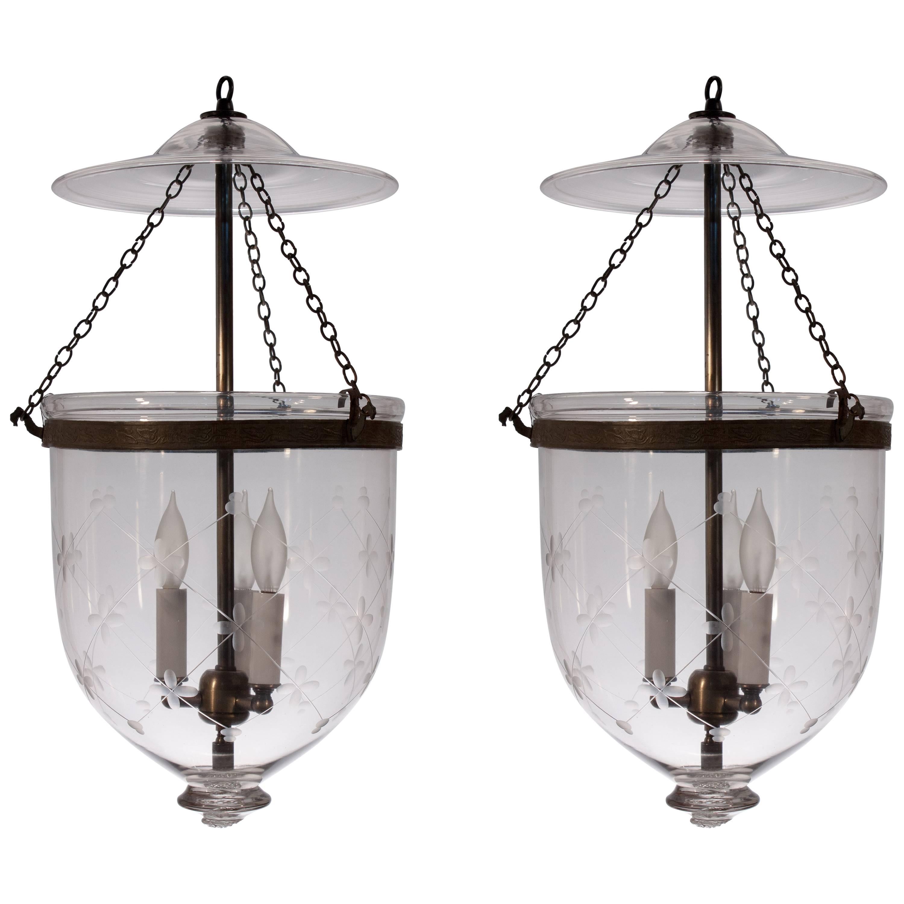 Pair of 19th Century Bell Jar Lanterns with Trellis Etching