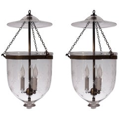 Pair of 19th Century Bell Jar Lanterns with Trellis Etching