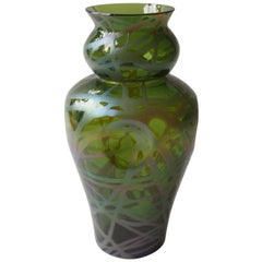 Antique Bohemian Art Nouveau Kralik Green Banded Glass Vase 1900