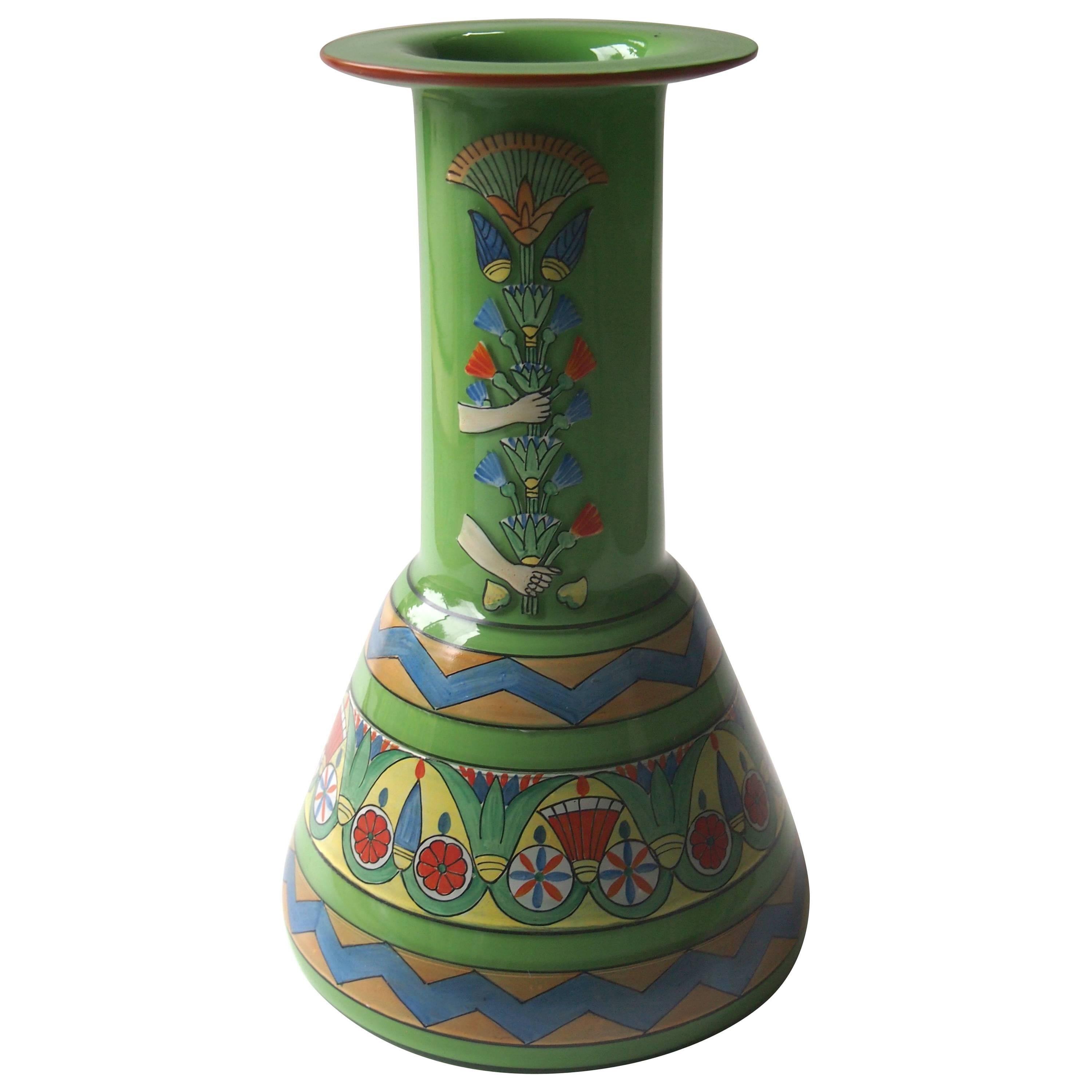 Bohemian Art Deco Moser Enameled Glass Vase in the Egyptian Style 1920s For Sale