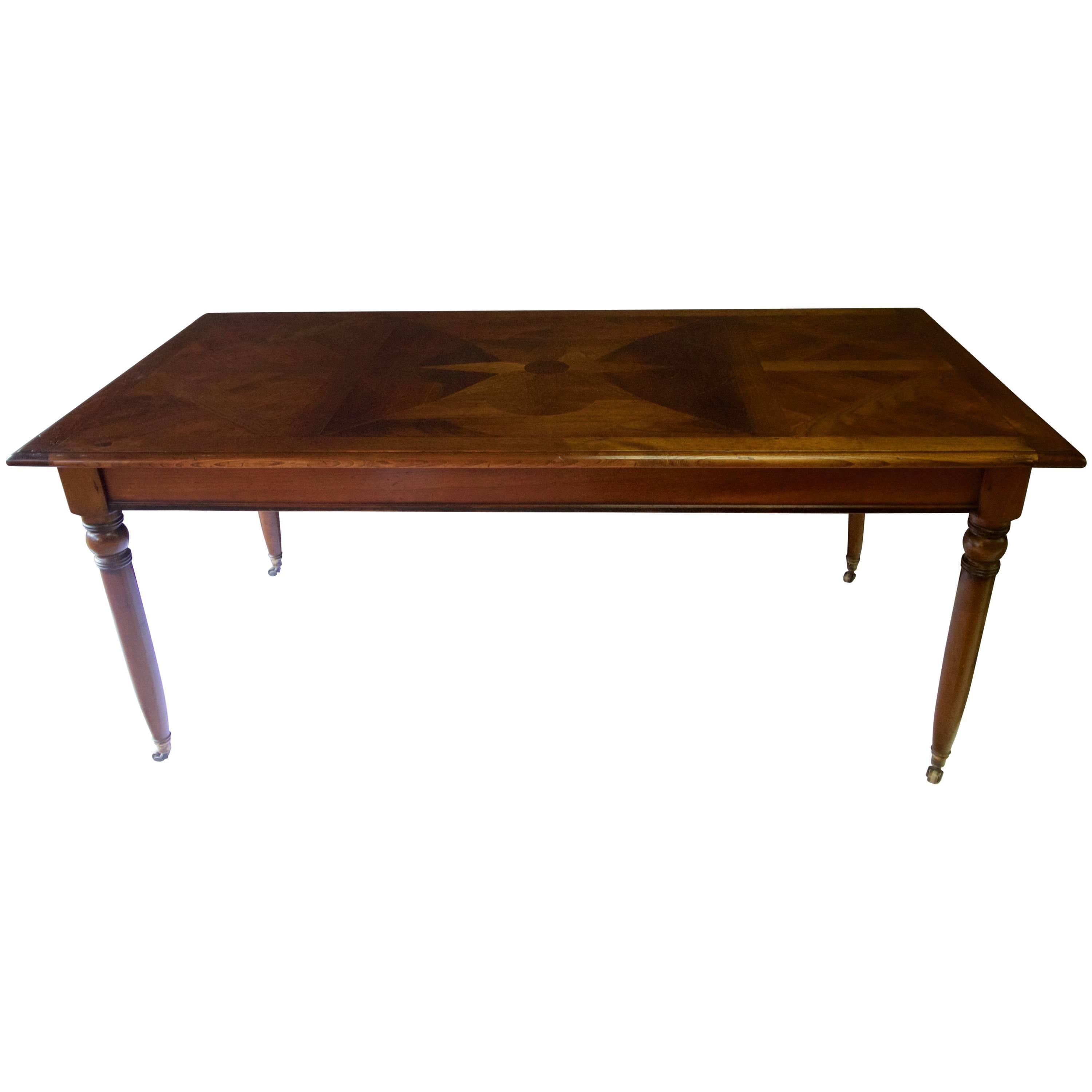 Early 20th Century Large French Wild Cherry Parquetry Top Dining Table For Sale
