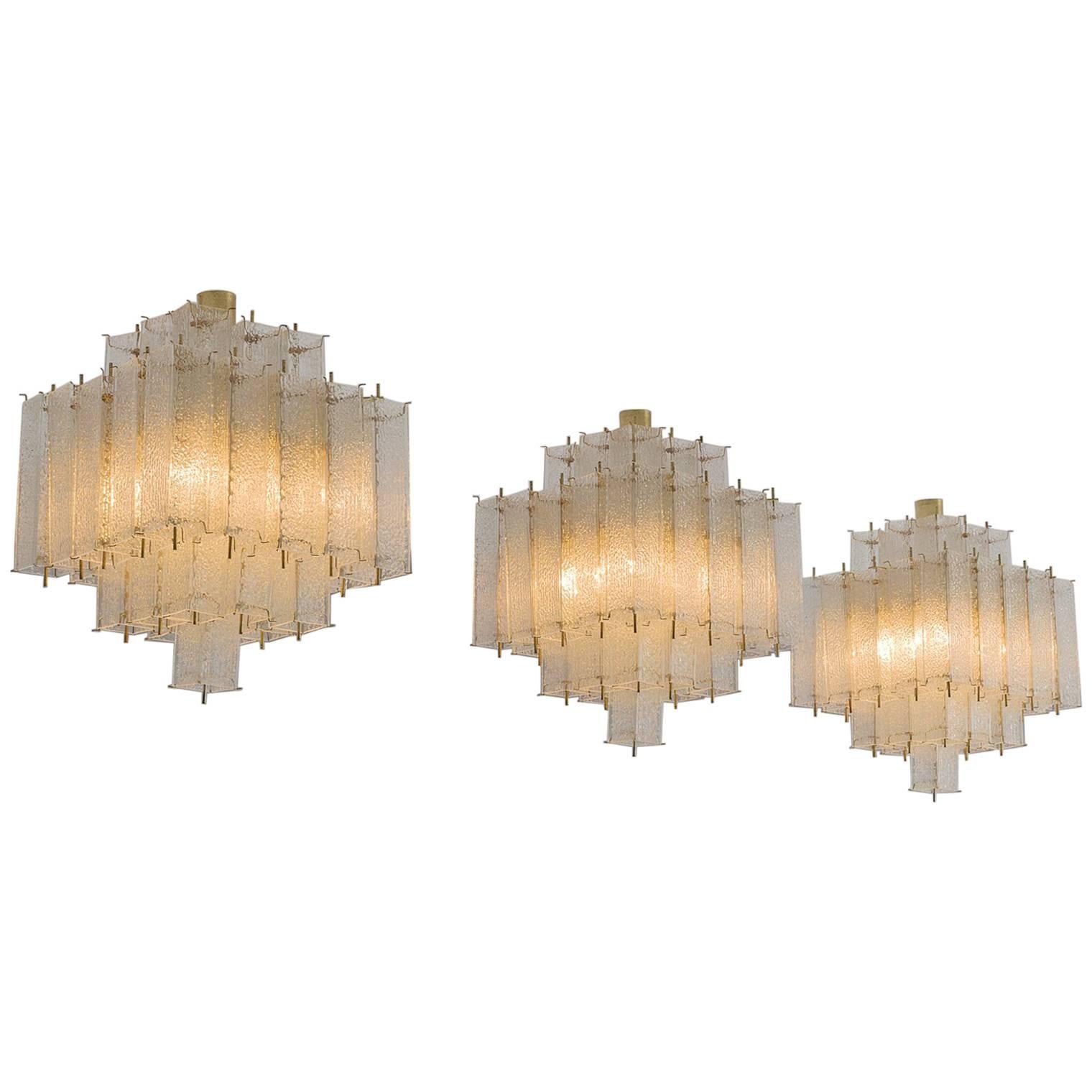 Set of Three Layered Brass and Structured Glass Chandeliers