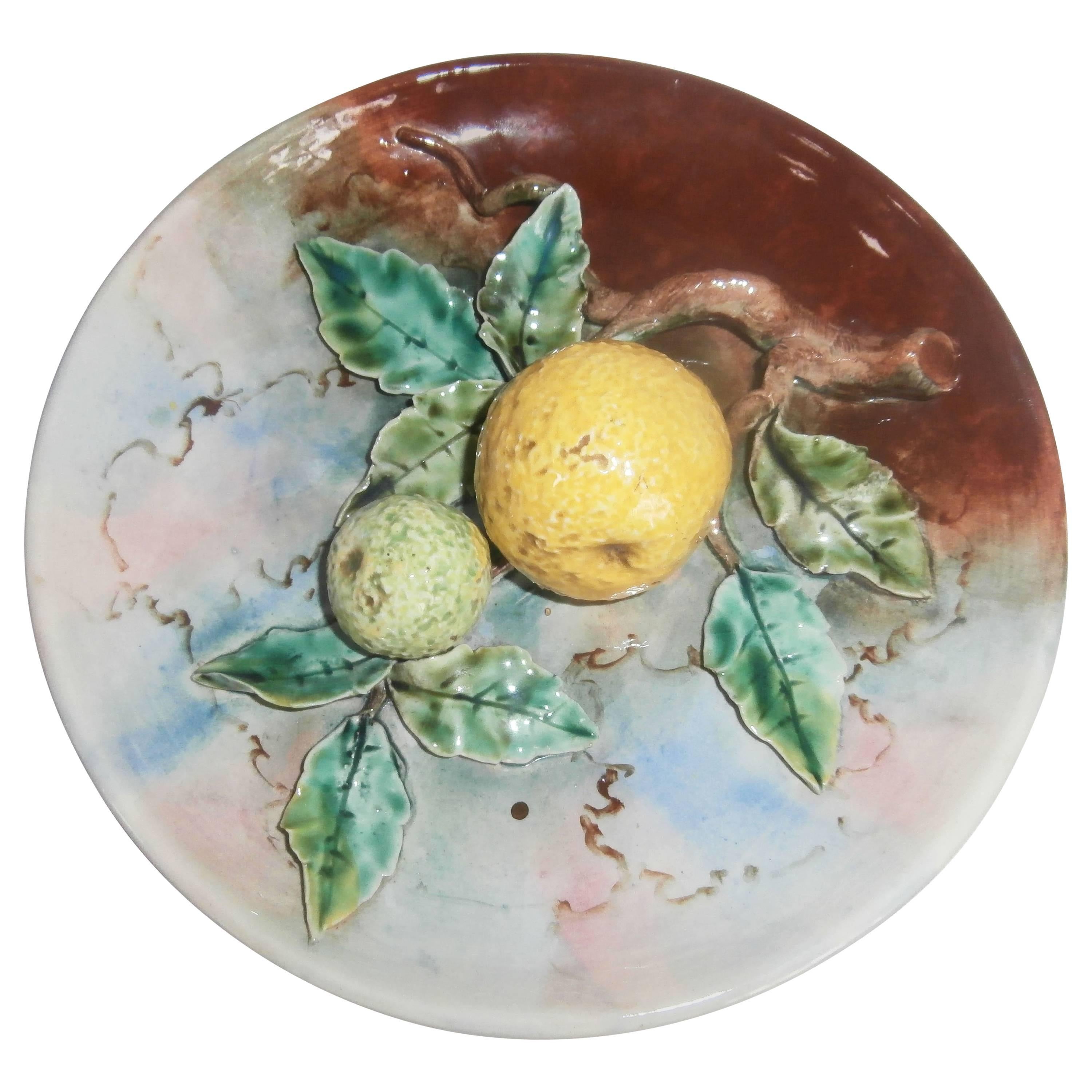 Rare Majolica grapefruit plate, circa 1880, Fives Lille unsigned.