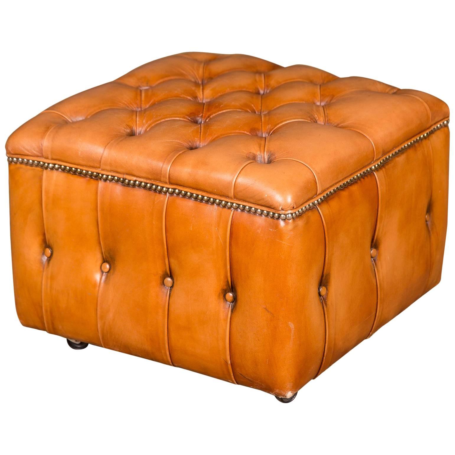 20th Century Original English Chesterfield Leather Stool