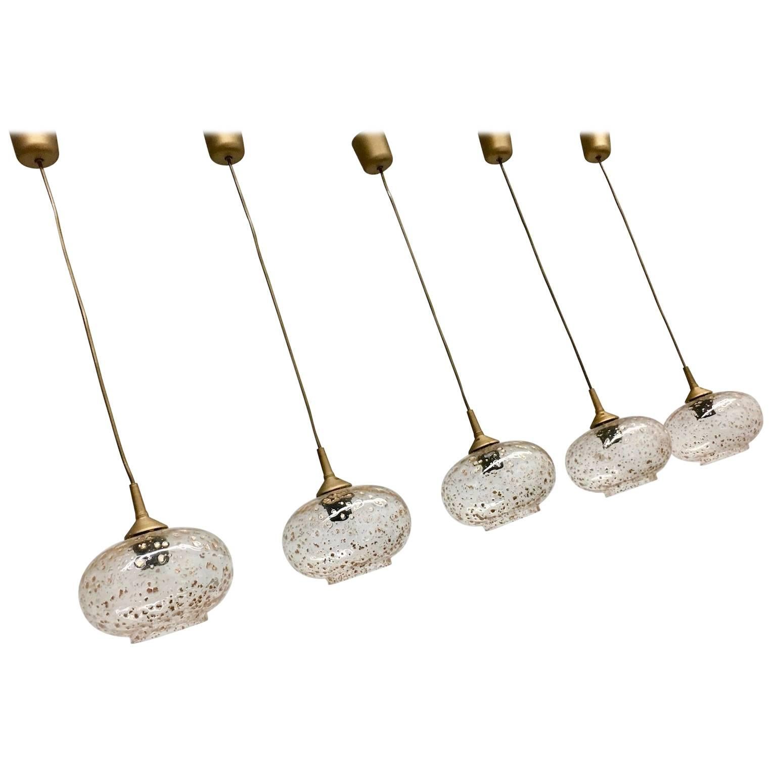Lot of Five Gold Flake Ball Glass Kitchen Island Pendant Lights For Sale