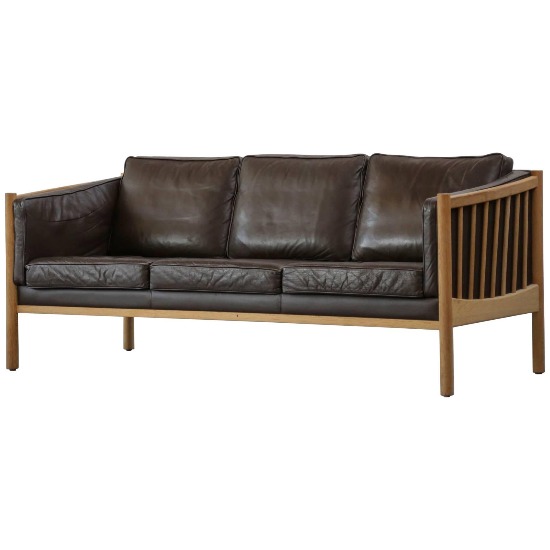 Scandinavian Sofa Brown Leather and Oak, 1970s