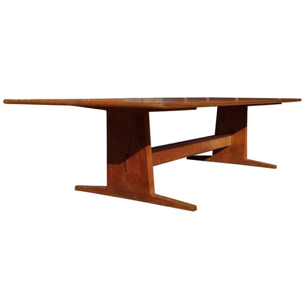 Peter Waals, Arts & Crafts Figured Oak Refectory Table with Exaggerated Feet For Sale