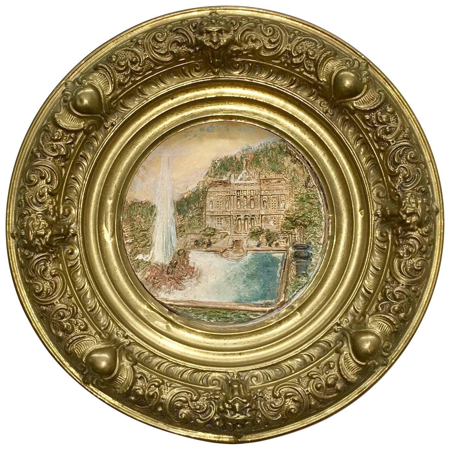 19th Century Faience and Brass Framed Castle Linderhof Wall Plaque - Germany