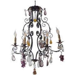 Antique French Iron Six-Light Chandelier with Fruits and Clear Crystal Pedants