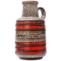 Large Midcentury West German Red Striped Vase with Lava Glaze by Scheurich