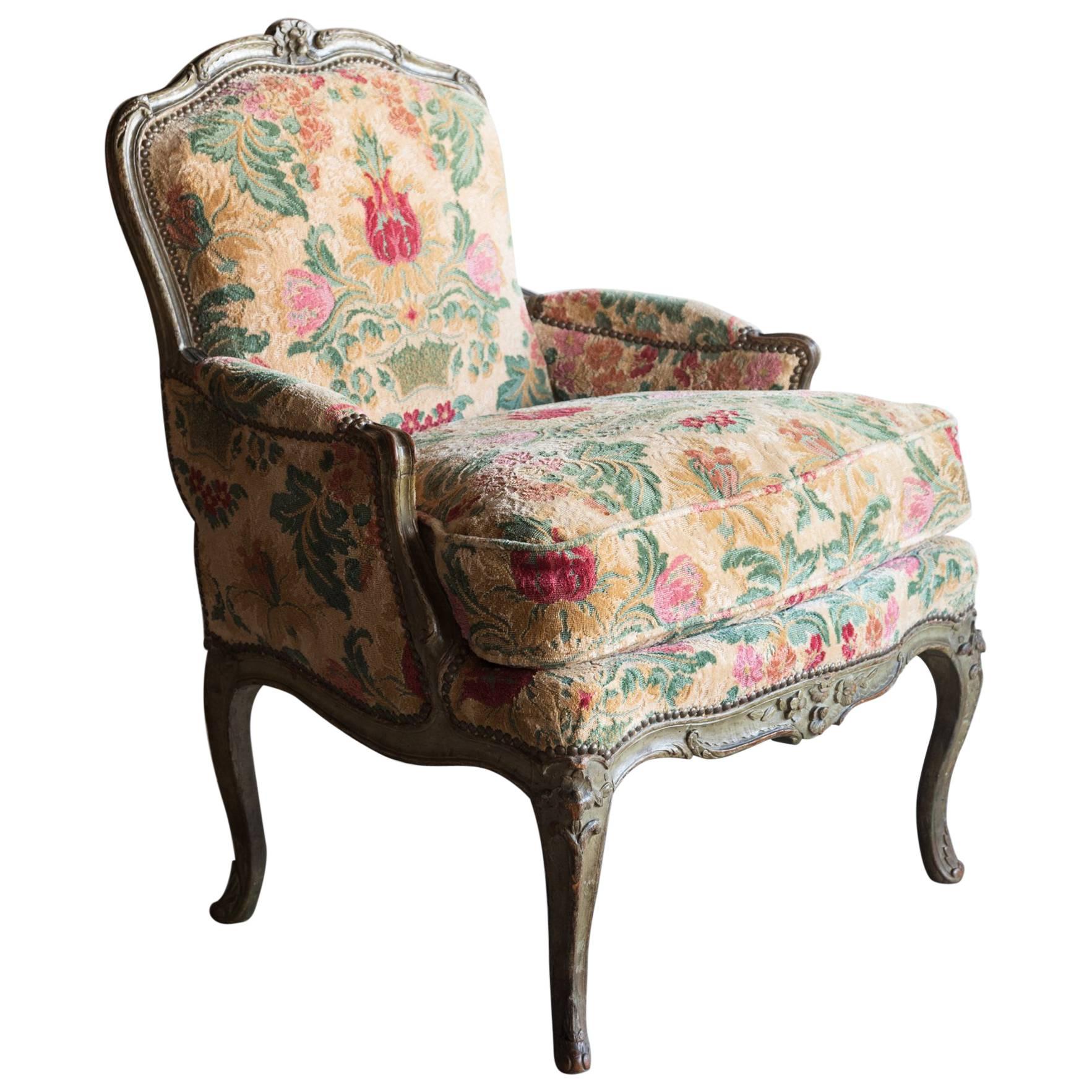 Louis XV Carved Rococo Painted Bergére or Armchair, France, circa 1760