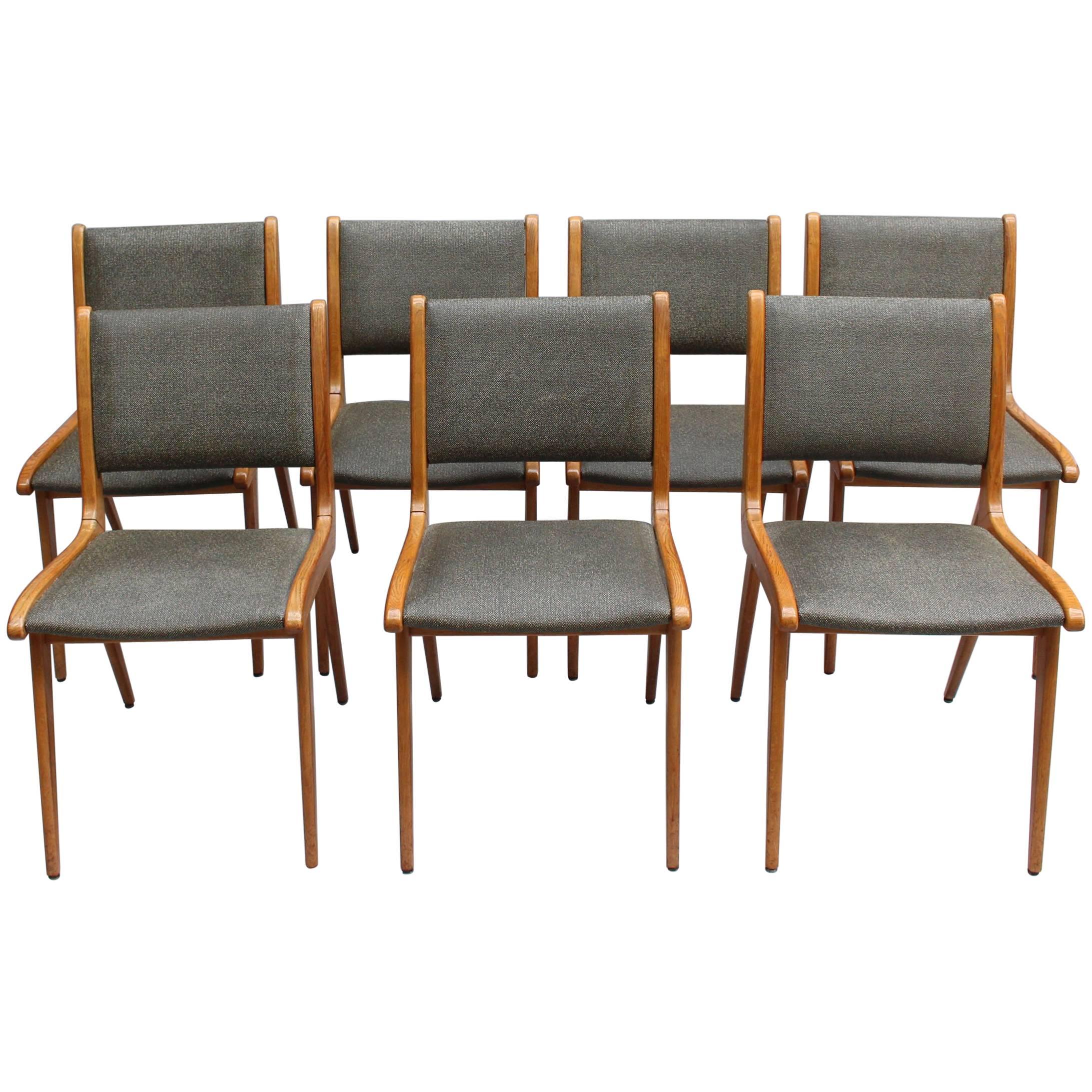 Set of 6 Fine French Mid-Century Oak Dining Chairs by Roset 