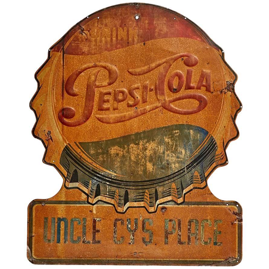Weathered Pepsi Bottle Cap Advertisement Sign, circa 1960s For Sale