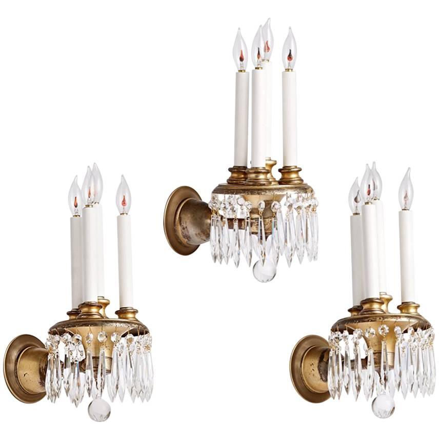 Trio of Silver-Plated Sconces with Crystal Spears, circa 1920 For Sale