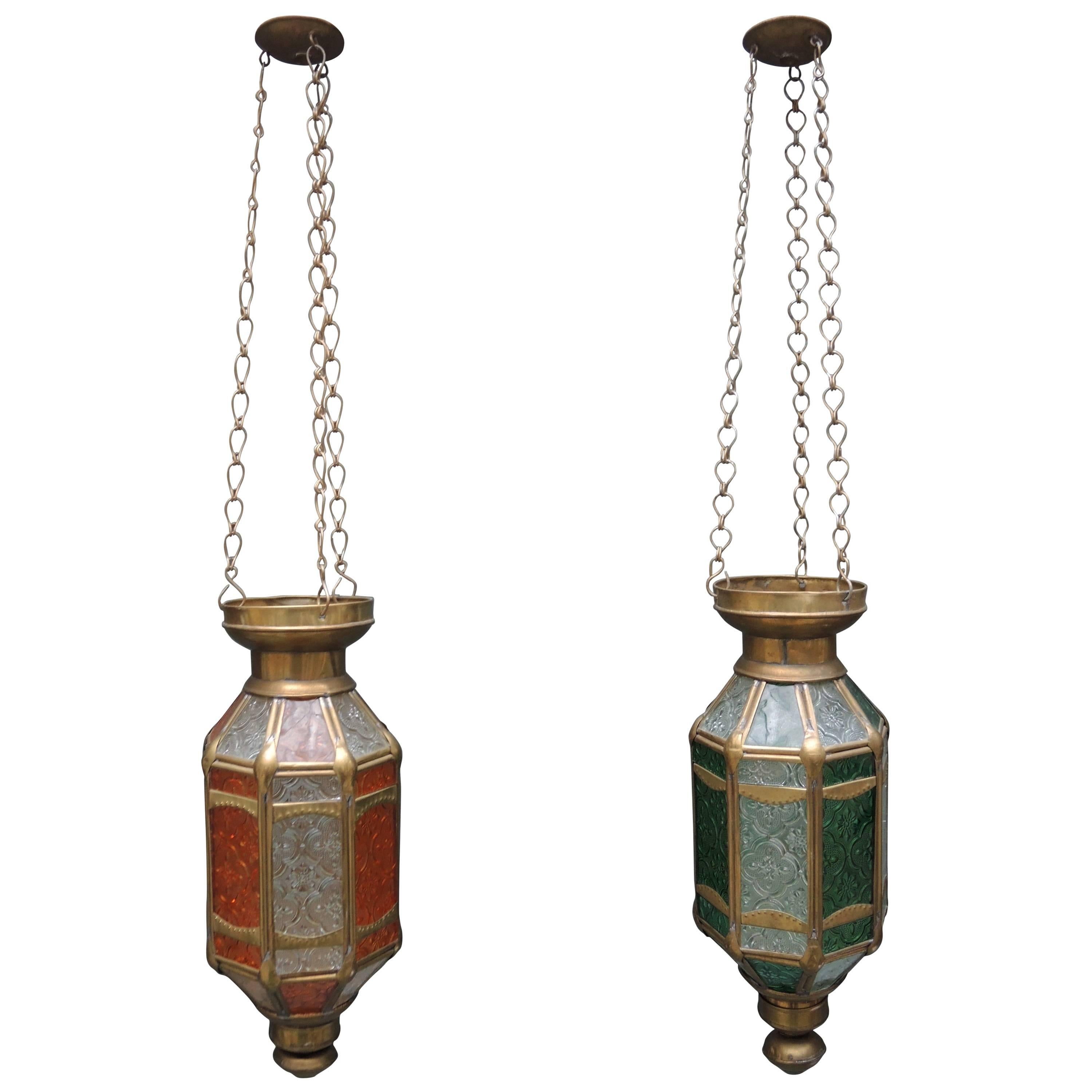 Pair of Vintage Brass and Pressed Glass Moroccan Candle Lanterns