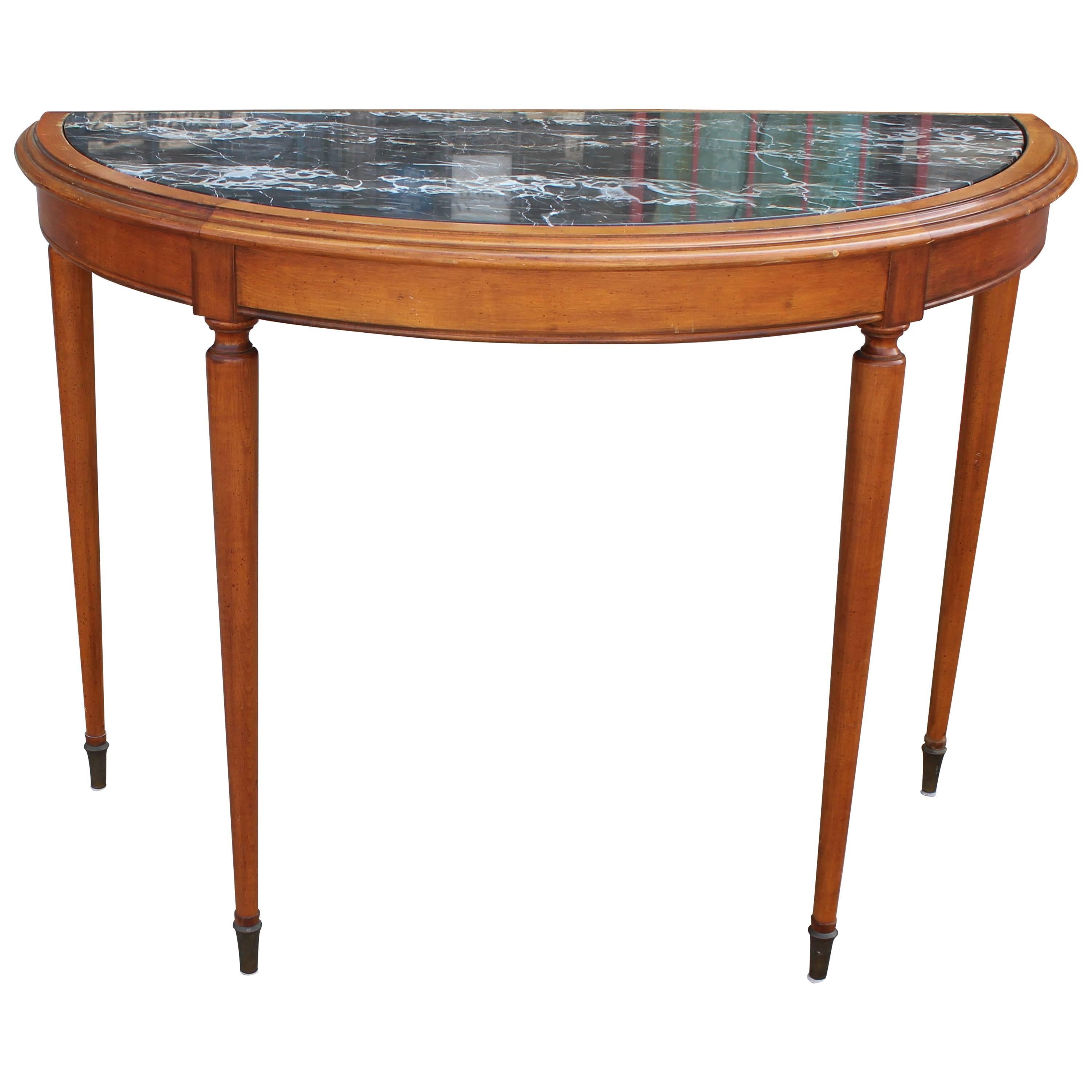 French Black Marble Demilune Console or Entryway Table with Brass Hardware