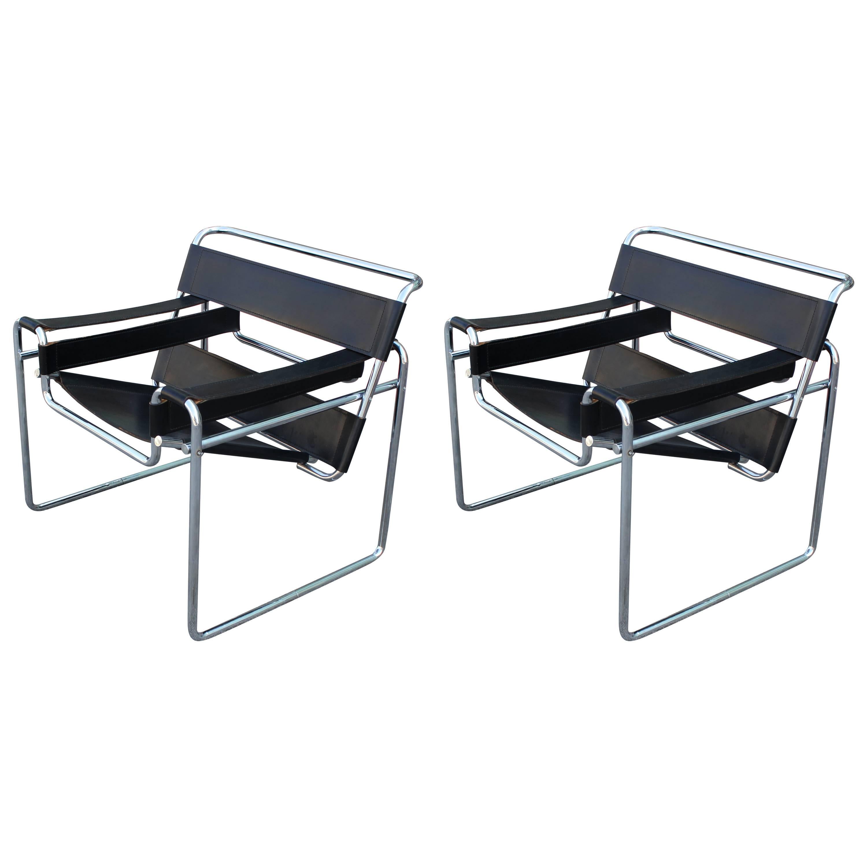 Pair of Modern Black Leather and Chrome Wassily Stendig Style Lounge Chairs