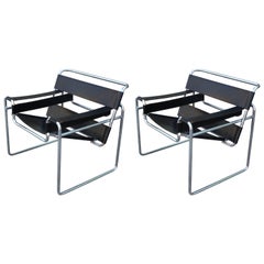 Pair of Modern Black Leather and Chrome Wassily Stendig Style Lounge Chairs