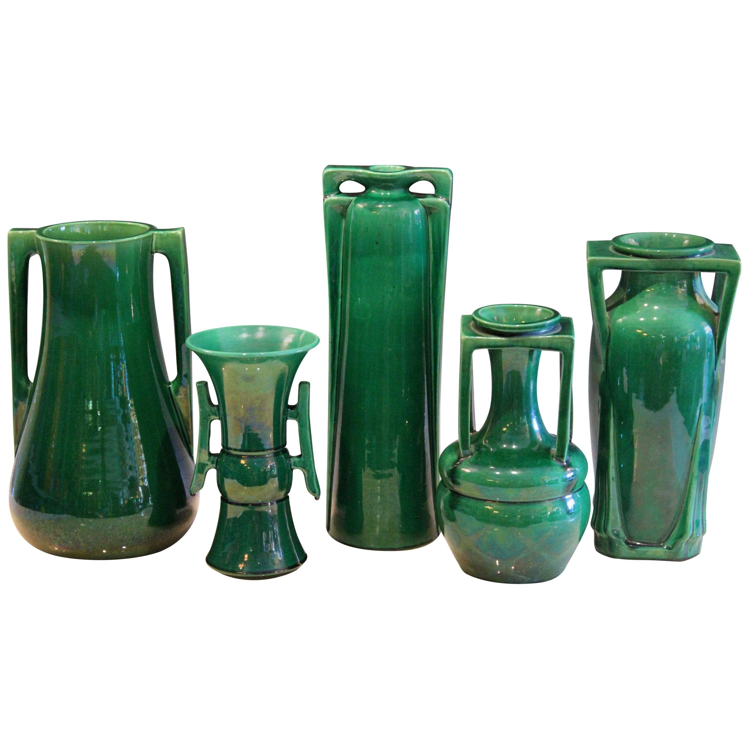 Awaji Pottery Art Deco Architectural Buttress Handled Vases, circa 1920