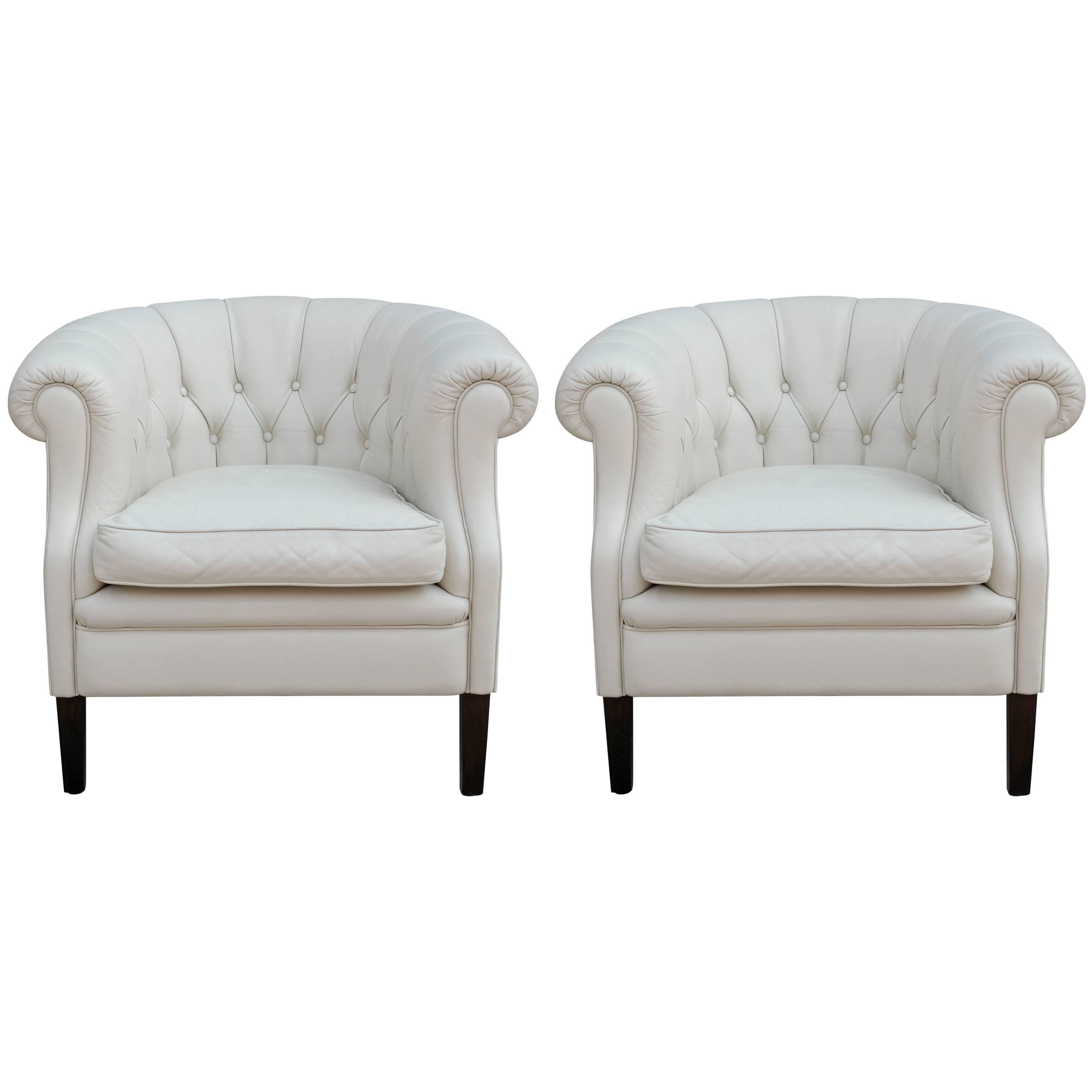 Pair of Hollywood Regency White Leather Tufted Chesterfield Style Lounge Chairs