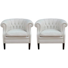 Vintage Pair of Hollywood Regency White Leather Tufted Chesterfield Style Lounge Chairs