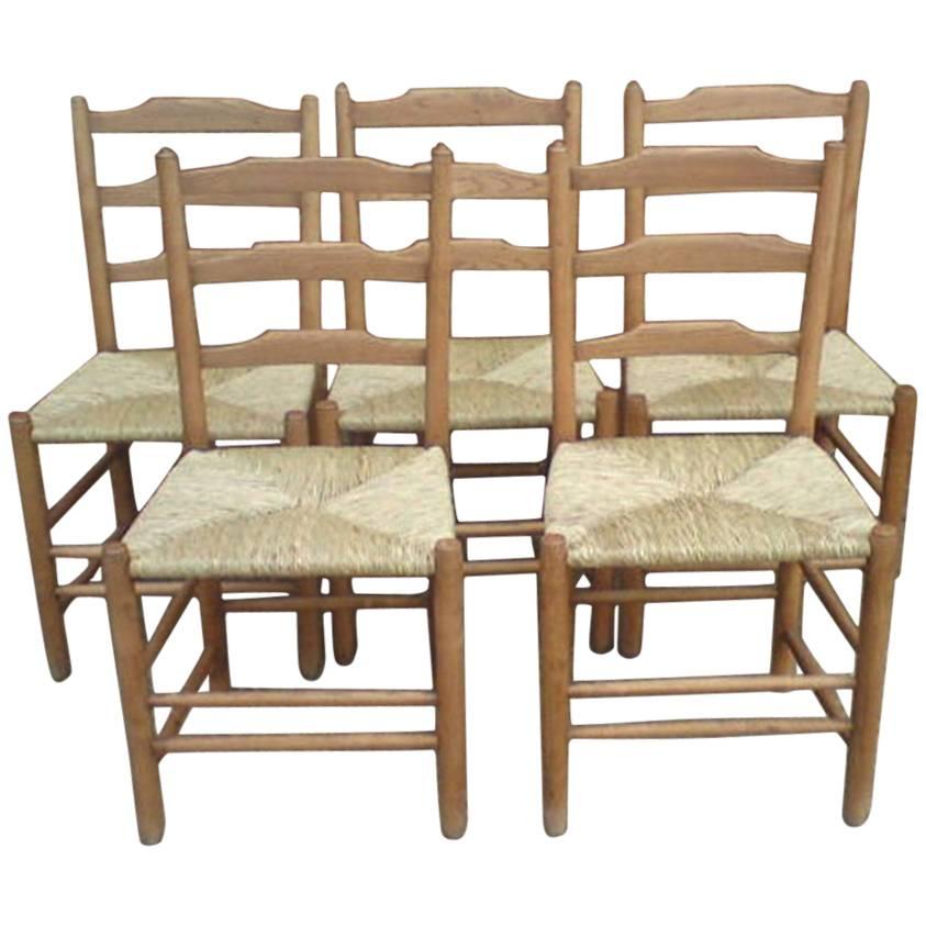 Edward Gardiner Five Arts & Crafts Ladder Back Dining Chairs with New Rush Seats