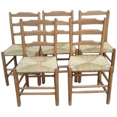 Antique Edward Gardiner Five Arts & Crafts Ladder Back Dining Chairs with New Rush Seats