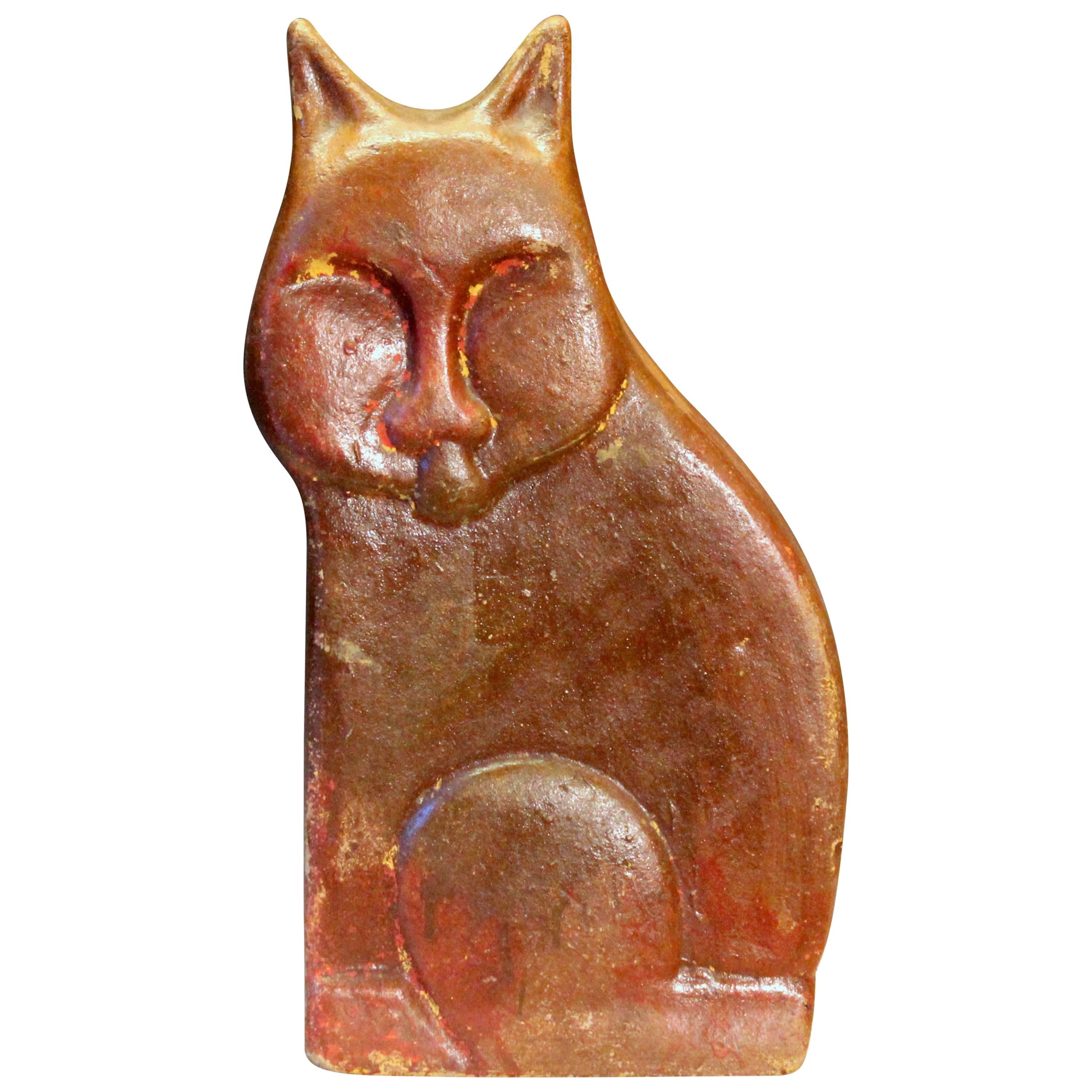 Große Vintage- oder antike Volkskunst-Keramik-Wasserfliesen-Skulptur mit Katzenfigur