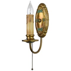 Brass Sconce with Painted Green Leaves