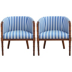 Pair of Hollywood Regency Faux Bamboo Blue and White Striped Lounge Chairs