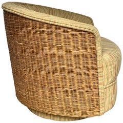 Retro Milo Baughman Style Mid-Century Modern Rattan Wicker Barrel Swivel Lounge Chair