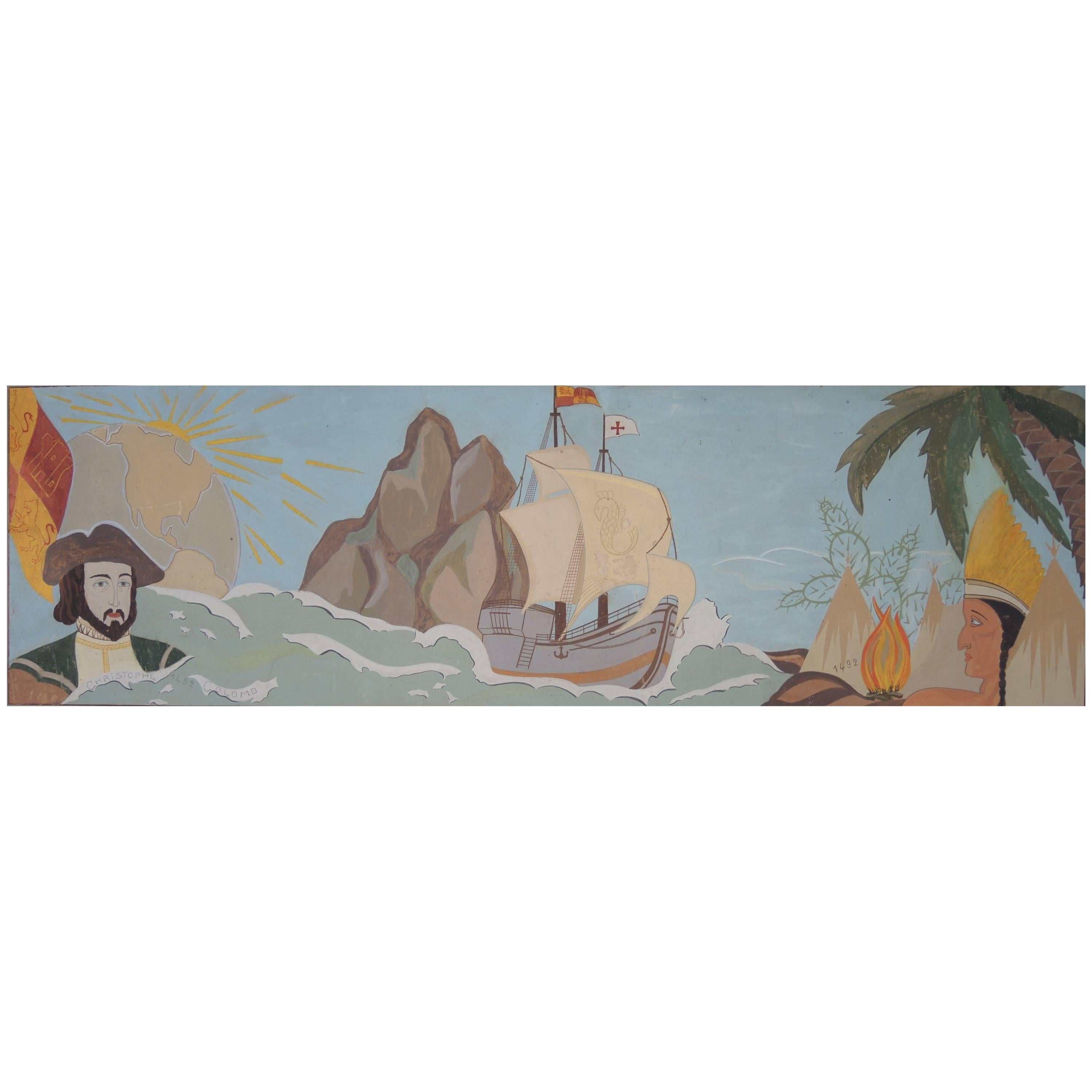 Painted Panel from a Theatre Illustrating Columbus 1492 Voyage to America For Sale