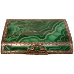 Antique Art Deco Italian Silver Malachite Enamel Cigarette, Vanity Case, Box